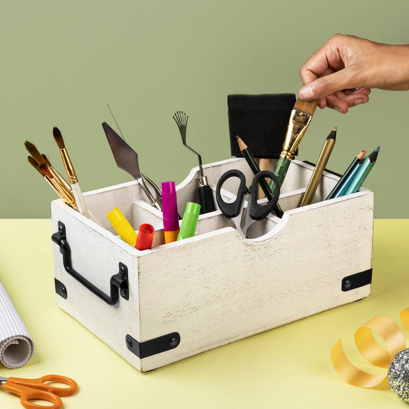 GoCraft 6 Compartment Flatware Caddy, Multipurpose Organiser for Kitchen Cutlery, Dining Silverware Condiments, Arts, Makeup Brushes, White Washed Mango Wood Caddy with Metal Handles - Image 2